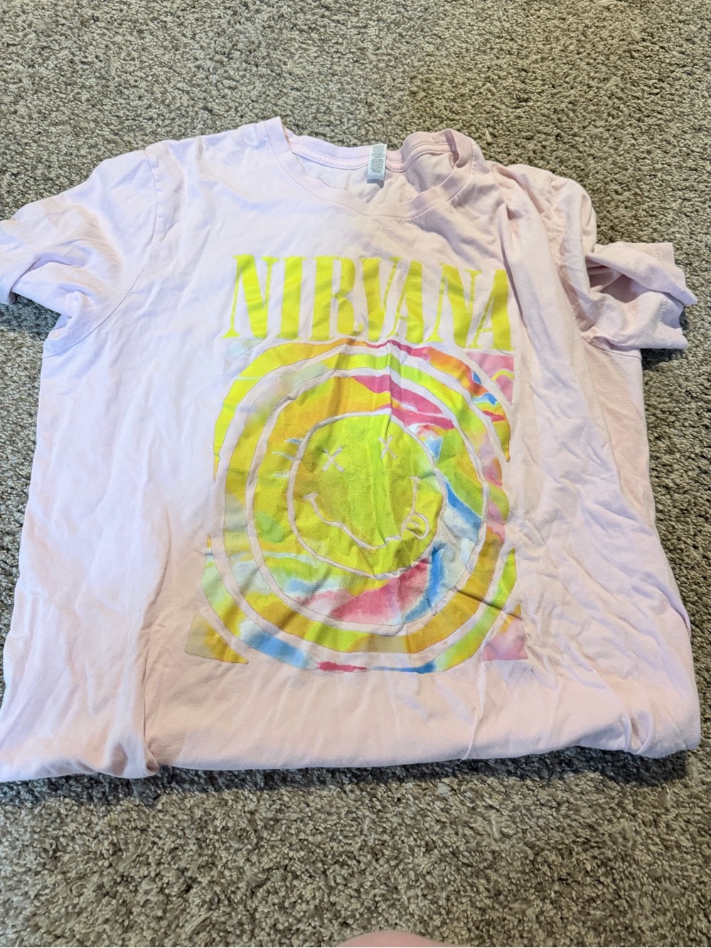 NIRVANA Gilden Brand Pastel Pink Short Sleeve Tee with Tie-Dye Smiley Graphic